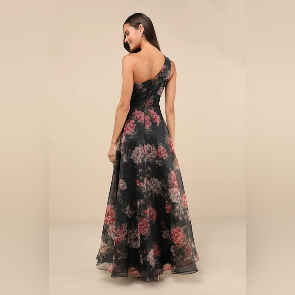 Lulus Truly Extraordinary Black Floral Organza One-Shoulder Maxi Dress S Wedding - Picture 5 of 11